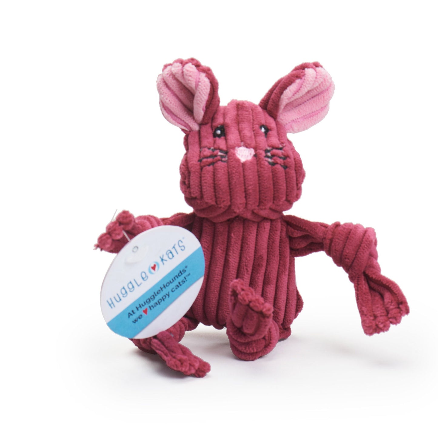 Purrfect Pet Kingdom HuggleKats maroon corduroy mouse cat toy featuring knotted limbs and pink ears.
