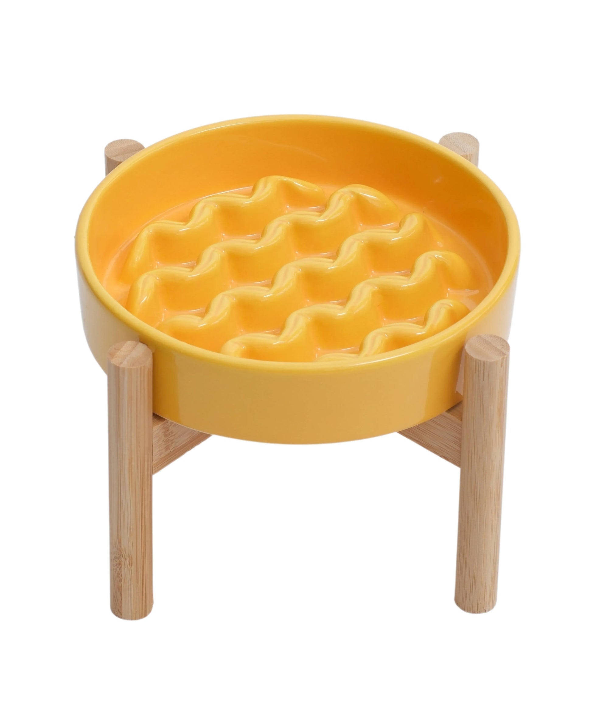 Macaroni Ceramic Slow Feeder Bowl in yellow, size S by Purrfect Pet Kingdom, promotes healthy digestion for pets.