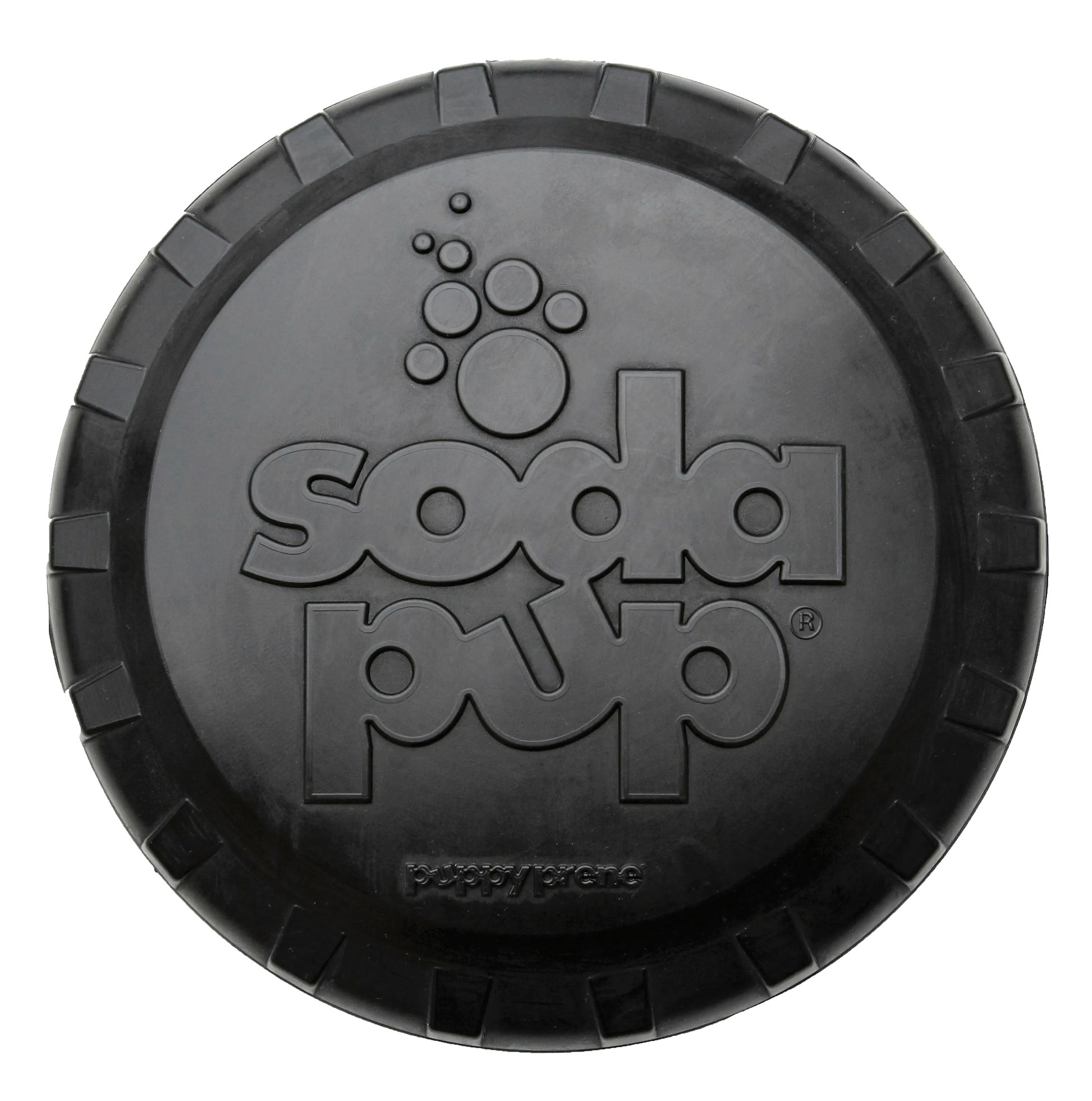 Large Magnum Bottle Top Flyer Rubber Frisbee in vibrant color by SodaPup, perfect for heavy chewers; 9.75" diameter.