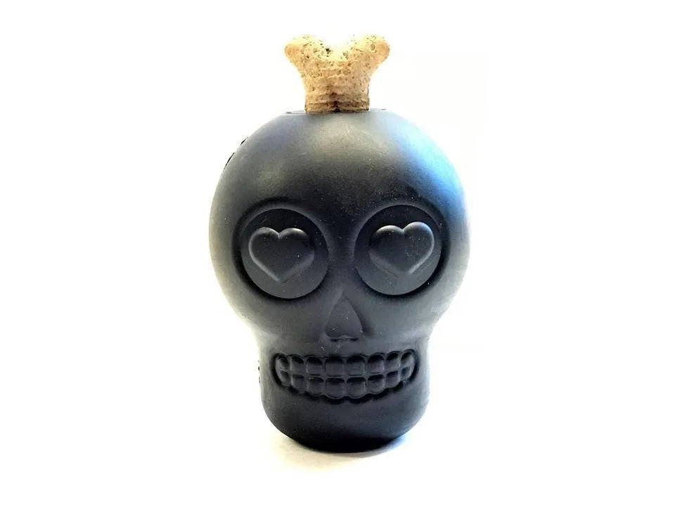Magnum Sugar Skull Dog Chew Toy & Treat Dispenser by SodaPup, large black skull design, perfect for playful dogs.