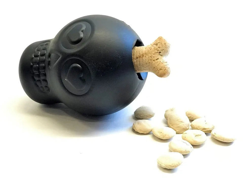 Magnum Sugar Skull Dog Chew Toy & Treat Dispenser by SodaPup, large black skull design, perfect for dogs, USA made.