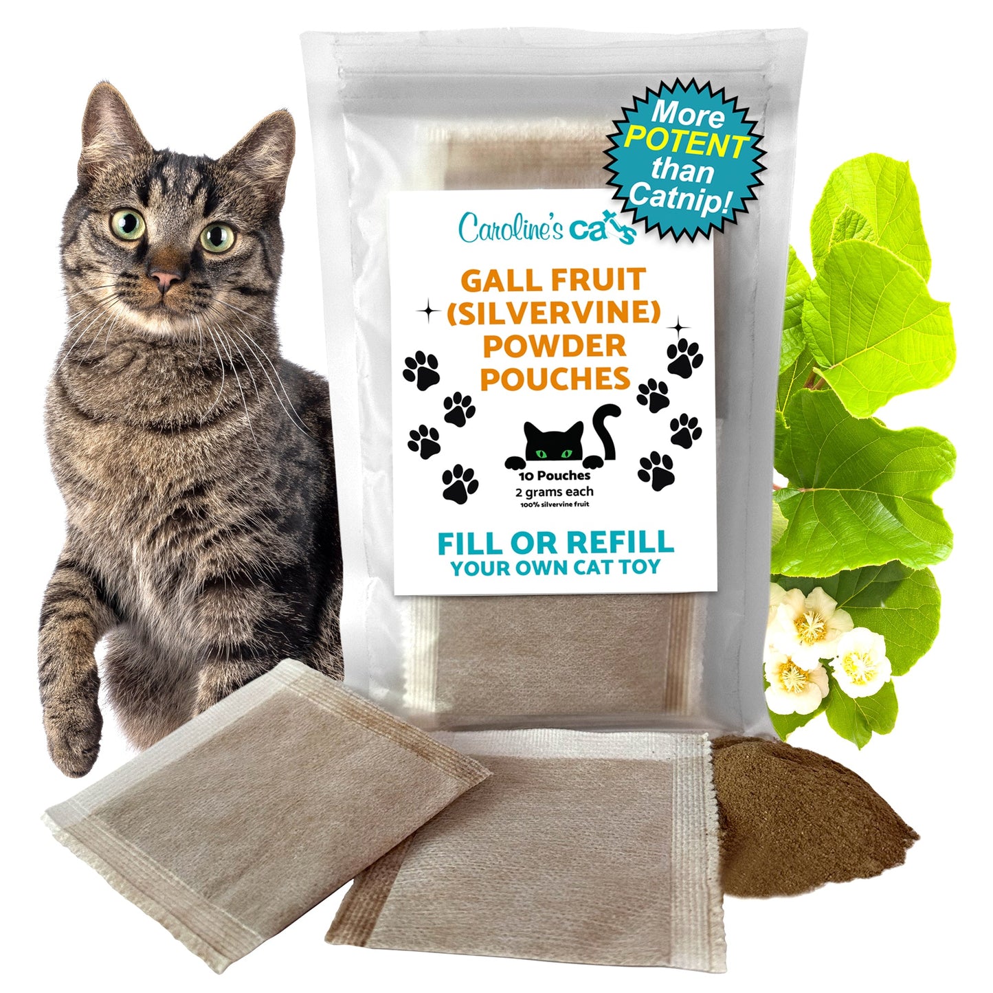 Caroline's Cats Silvervine Powder Packets for Cat Toys - Gall Fruit Refill Pouches More Potent Than Catnip Replacements for Flapping Bird, Flopping Fish, and More