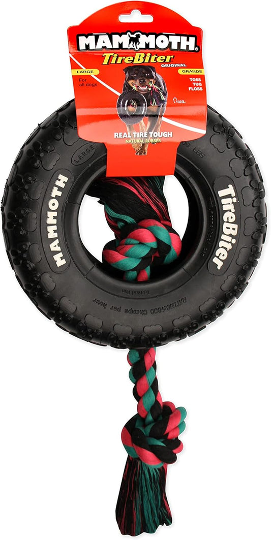 Mammoth Tire Biter dog toy with a durable rubber tire and colorful rope for interactive play