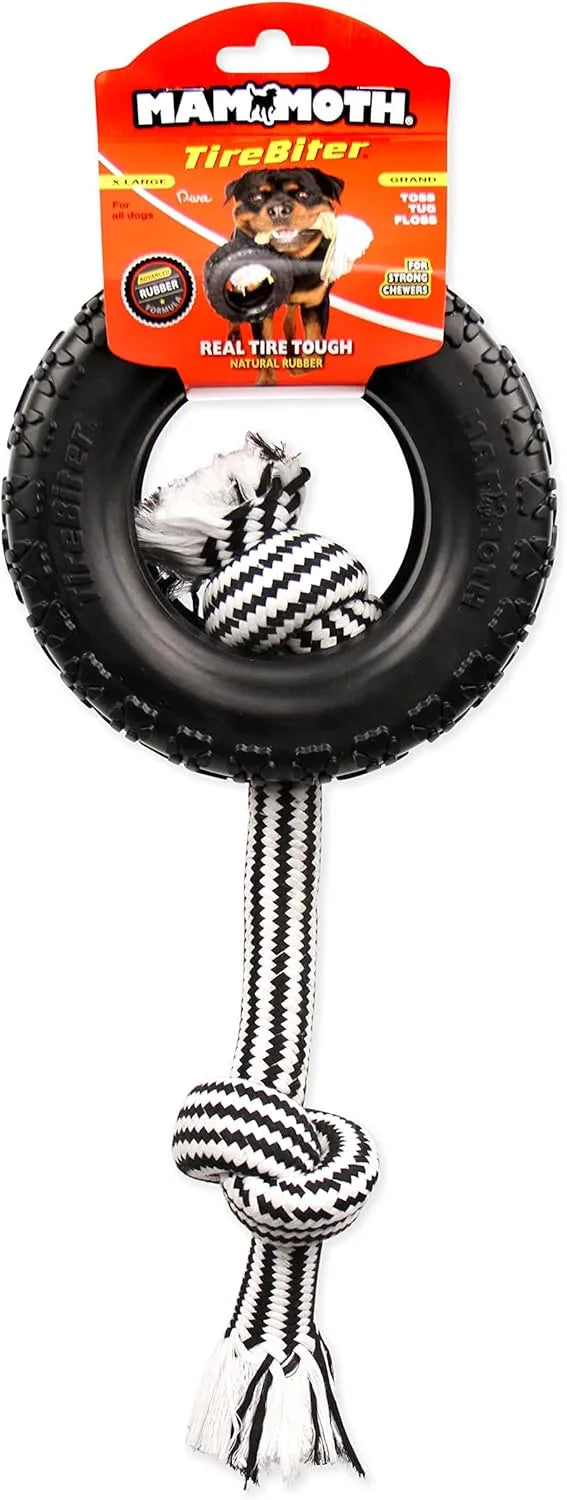 Mammoth Tire Biter II with rope by The Family Pet, durable rubber dog toy available in small, medium, and large sizes.