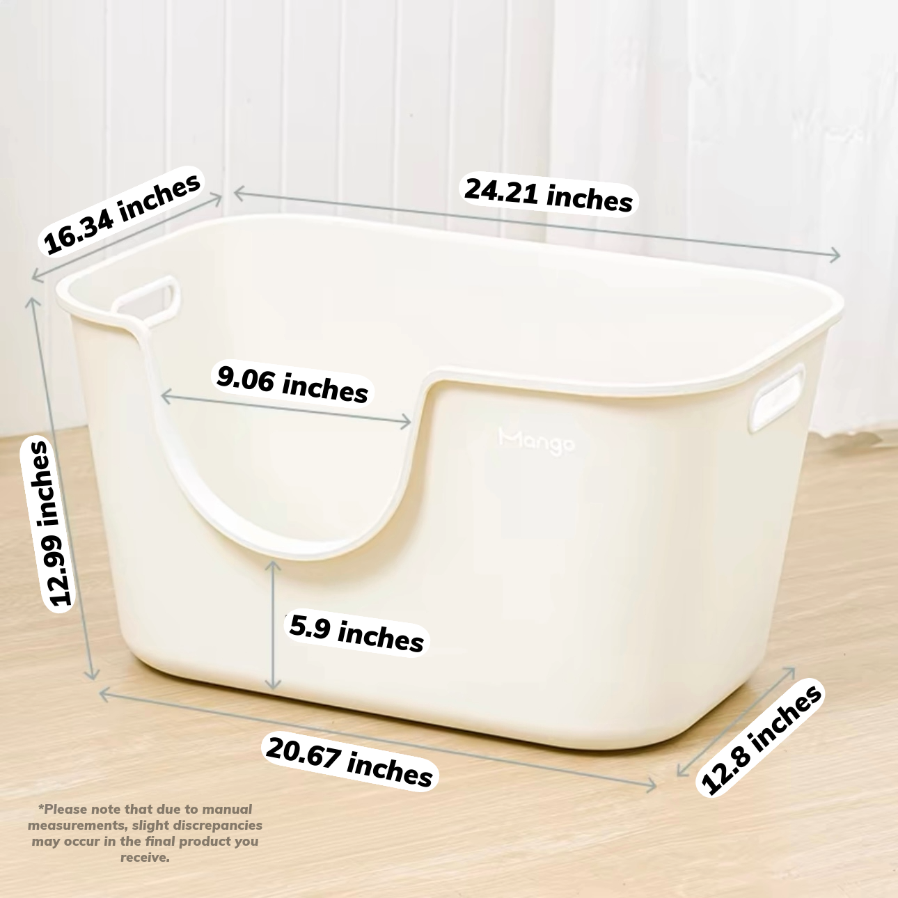 MangoPets butter colored litter box for cats with dimensions labeled for easy reference