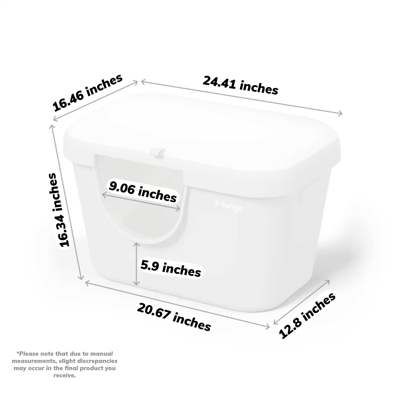 MangoPets butter colored litter box for cats with dimensions of 24.41 x 16.34 x 12.8 inches