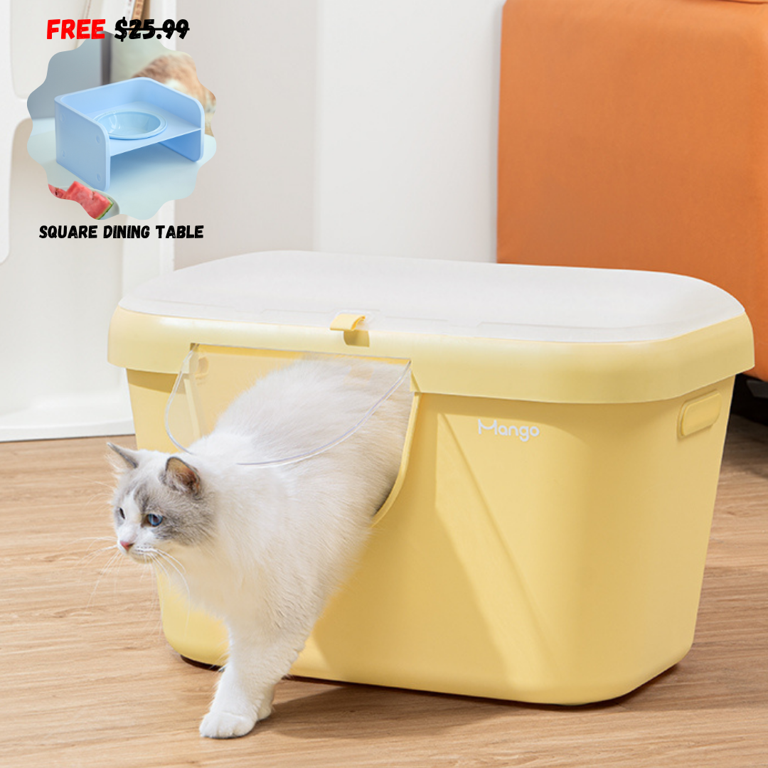 MangoPets butter colored litter box for cats with easy access entry for convenience and cleanliness