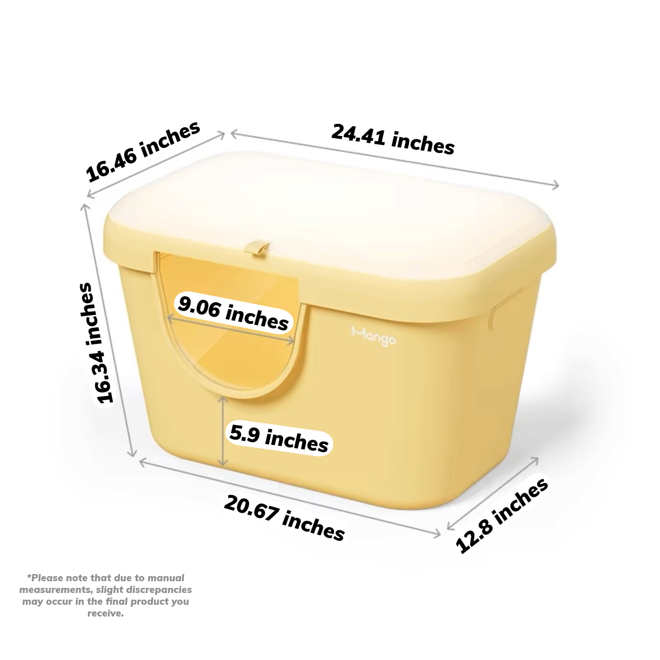 MangoPets butter colored litter box for cats with dimensions and a convenient handle for easy access