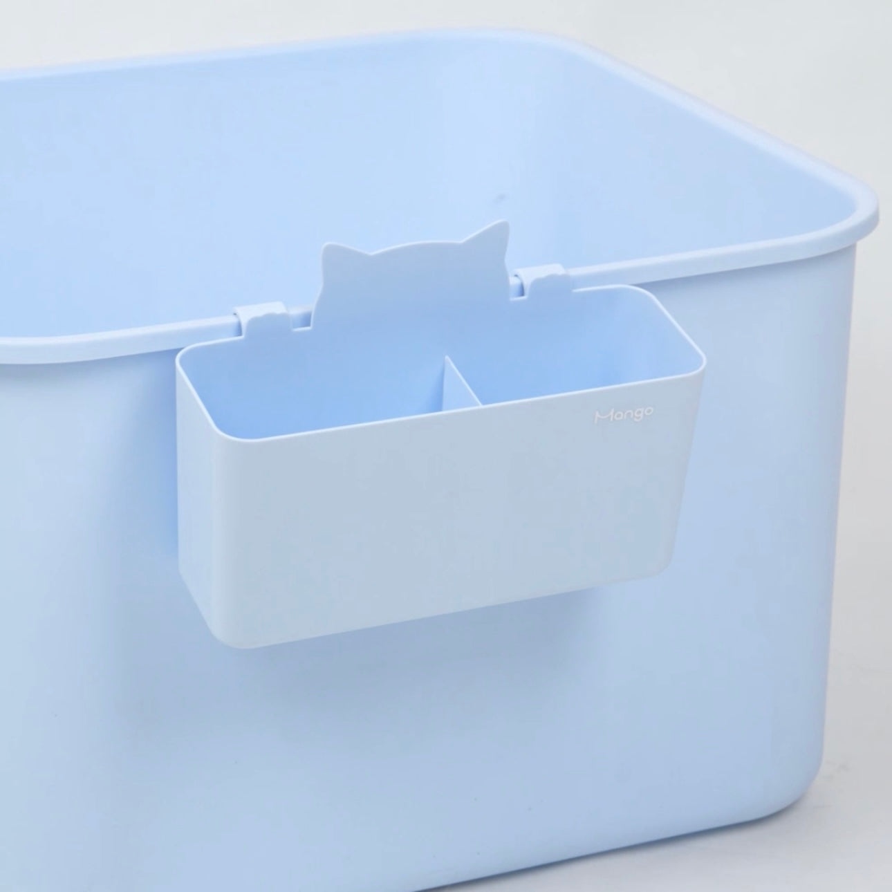 MangoPets cat litter box storage bin in light blue with a cute cat-shaped divider for easy organization