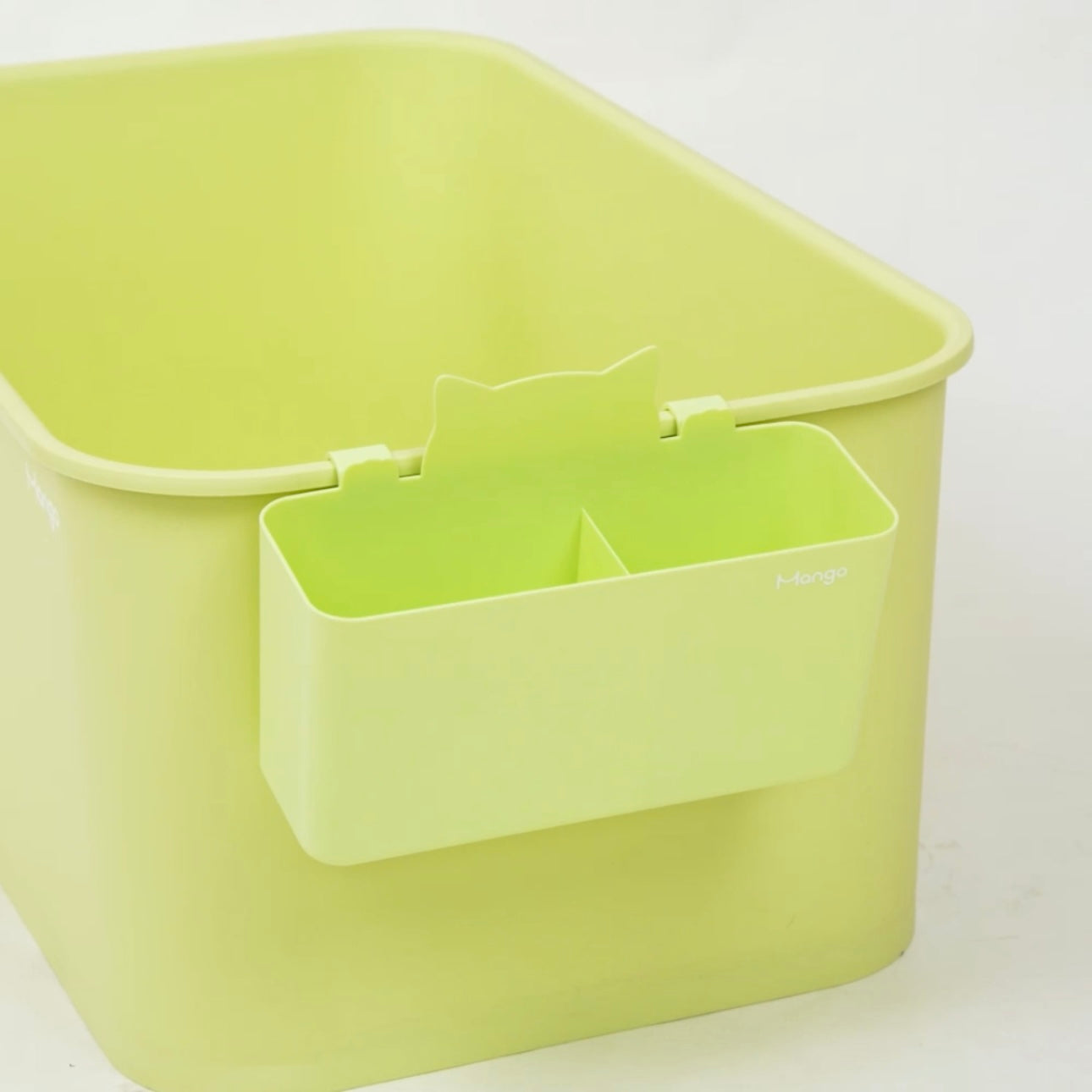MangoPets Cat Litter Box Storage Bin in Light Green with Cat-Shaped Handle for Easy Access