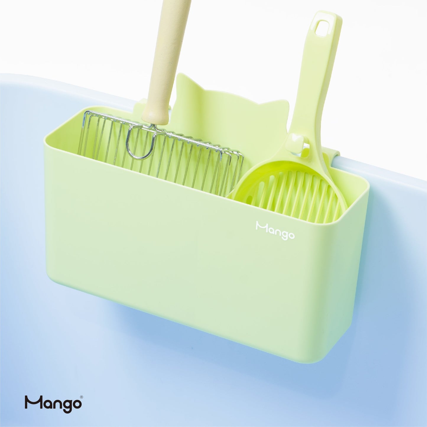 MangoPets Cat Litter Mat with integrated cat litter box storage bin and cleaning tools for easy use