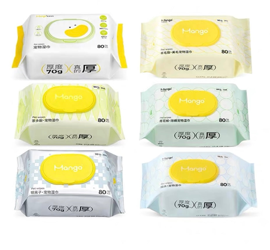 MangoPets hypoallergenic wipes for pets in various designs, perfect for gentle cleaning