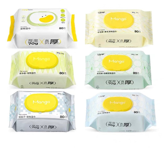 MangoPets hypoallergenic wipes for pets in various designs, perfect for gentle cleaning