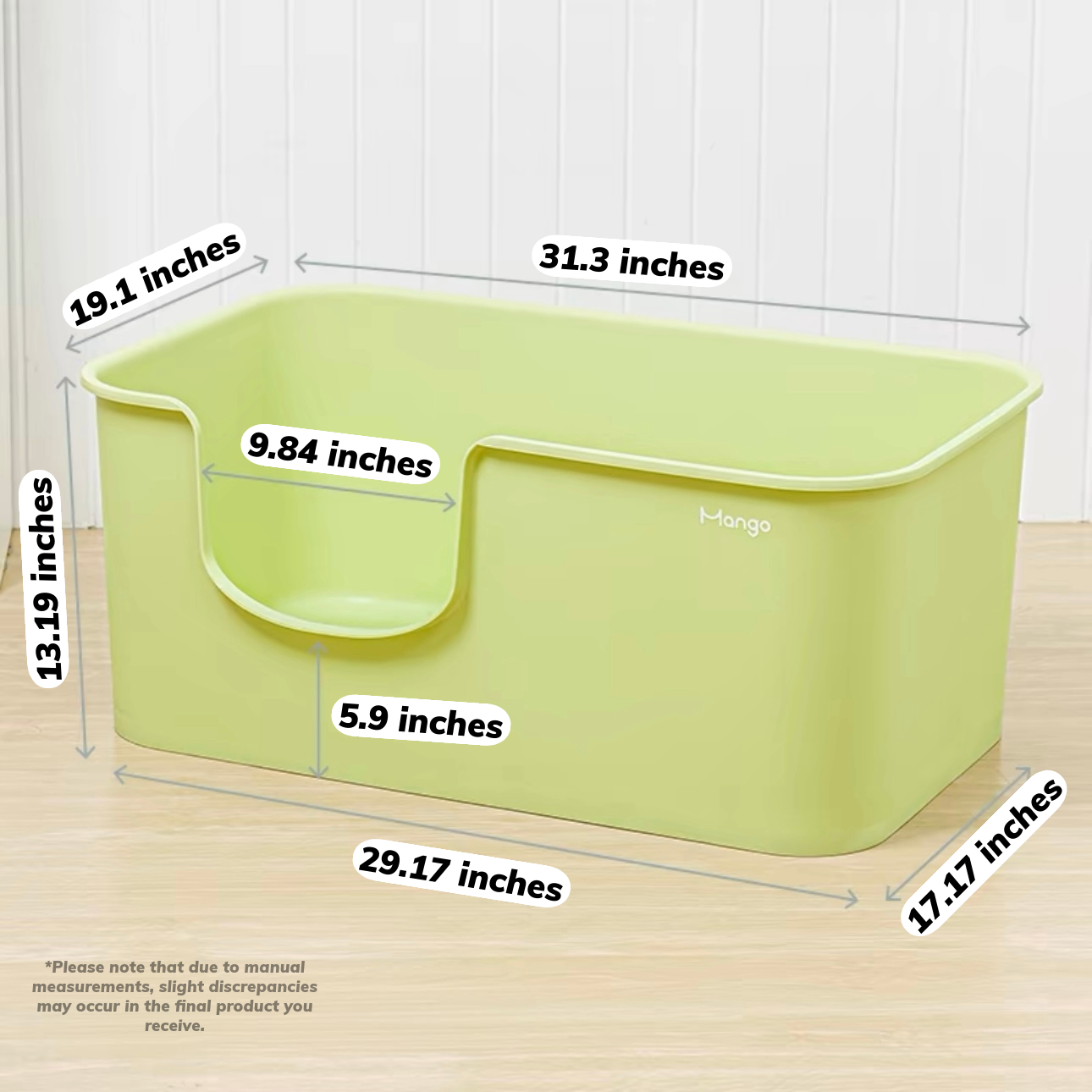 MangoPets XXL litter box for multiple cats in green with dimensions for spacious design