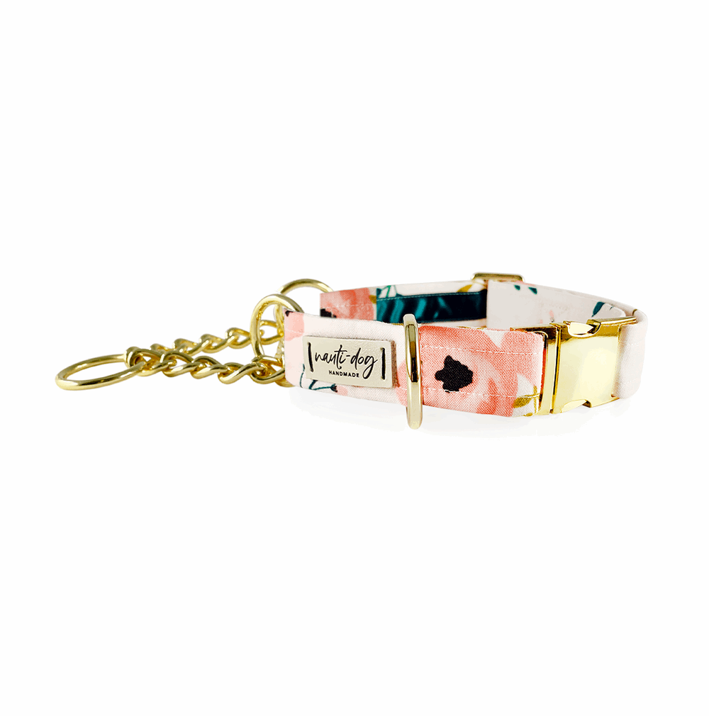 Charleston blush flower dog collar by Nauti-dog Handmade featuring a stylish floral design and gold hardware