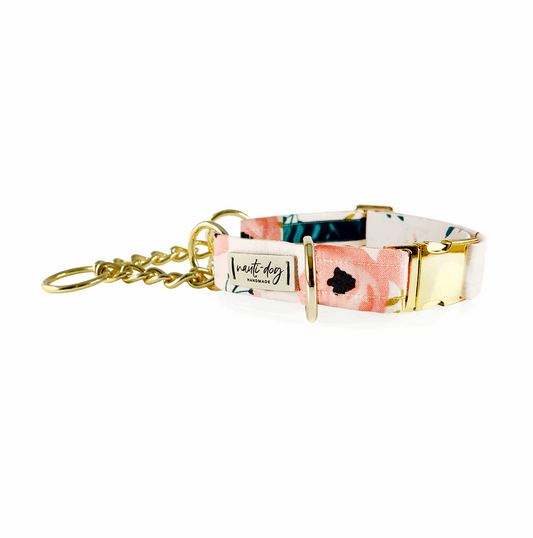 Charleston blush flower dog collar by Nauti-dog Handmade featuring a stylish floral design and gold hardware