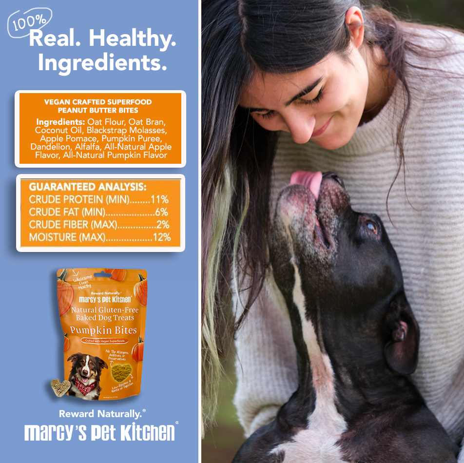 Marcy's Pet Kitchen Vegan Pumpkin Bites for Dogs, featuring healthy ingredients and guaranteed analysis