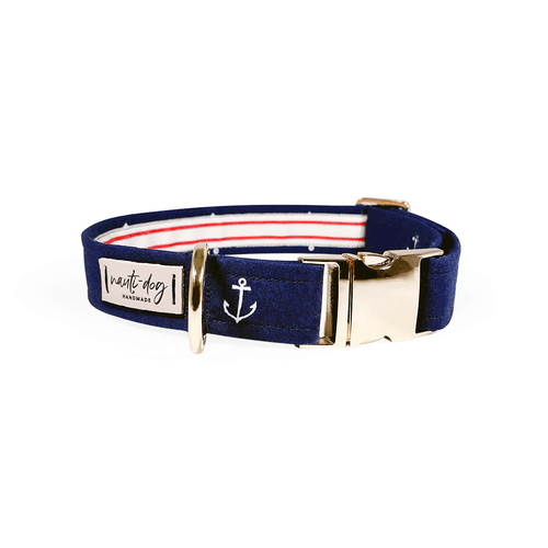 Nauti-dog Handmade martingale dog collar with anchor design in navy blue and red striping