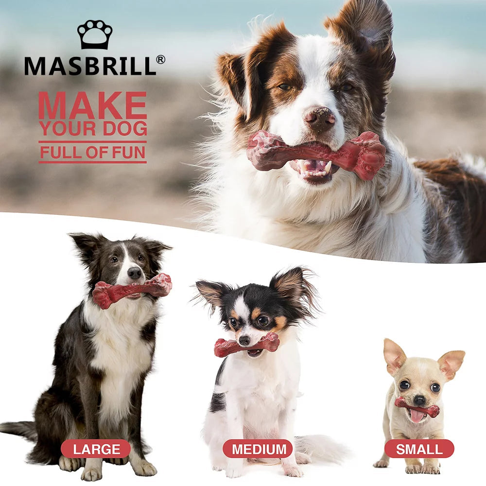 Masbrill heavy duty chew bone for big dogs, available in large, medium, and small sizes for all breeds.