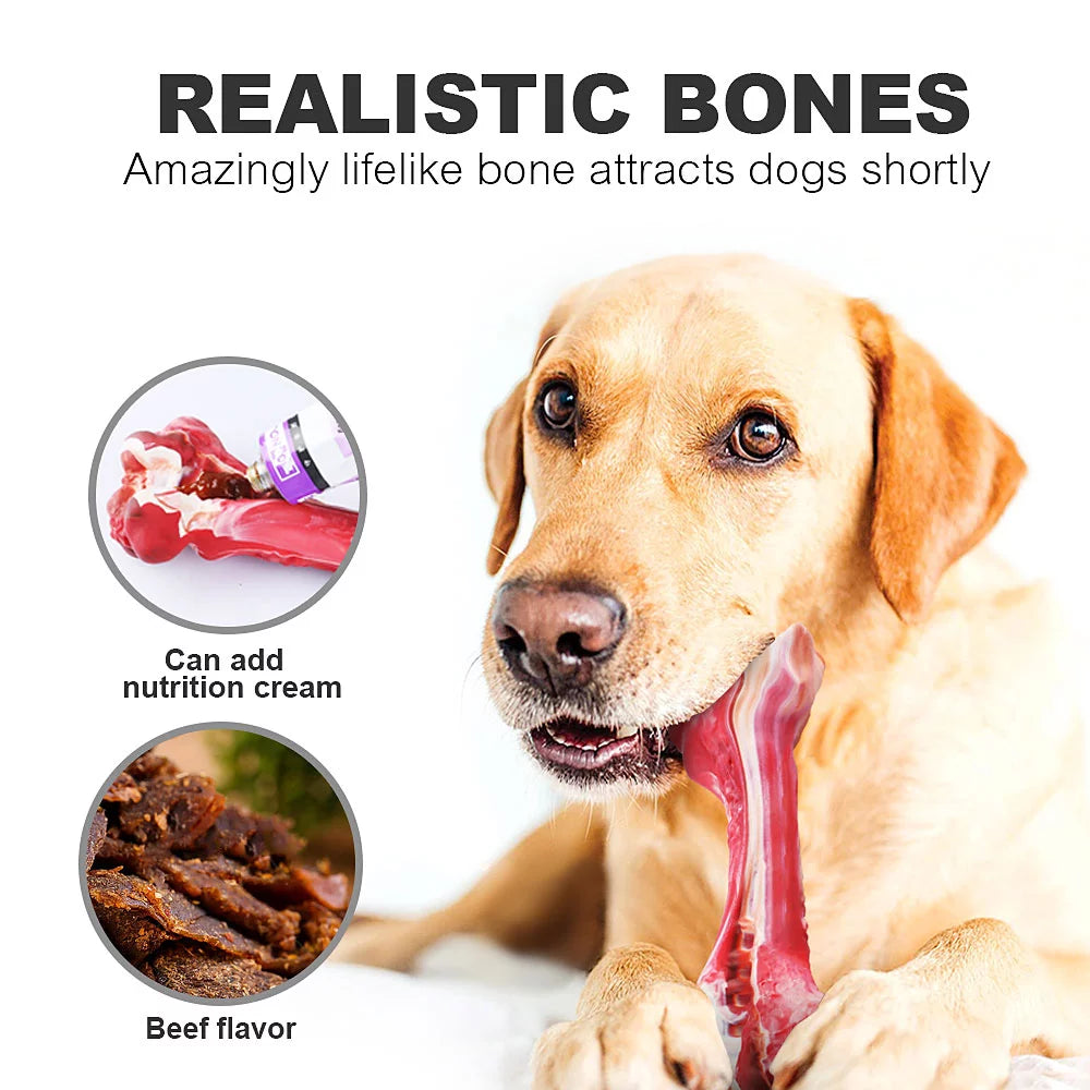 Heavy duty chew bone for big dogs designed to attract them with beef flavor and realistic appearance