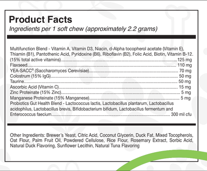Product Facts label for Purrfect Pet Kingdom dog multivitamin chews listing vitamins, minerals, and probiotics.