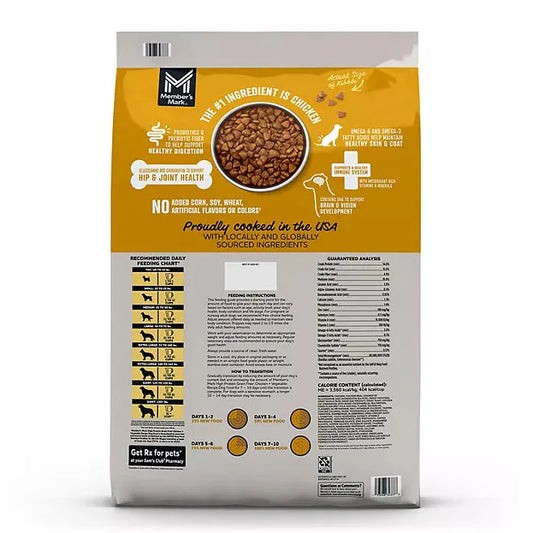 Grain-free chicken dog food in a bag with healthy ingredient benefits and guarantee details