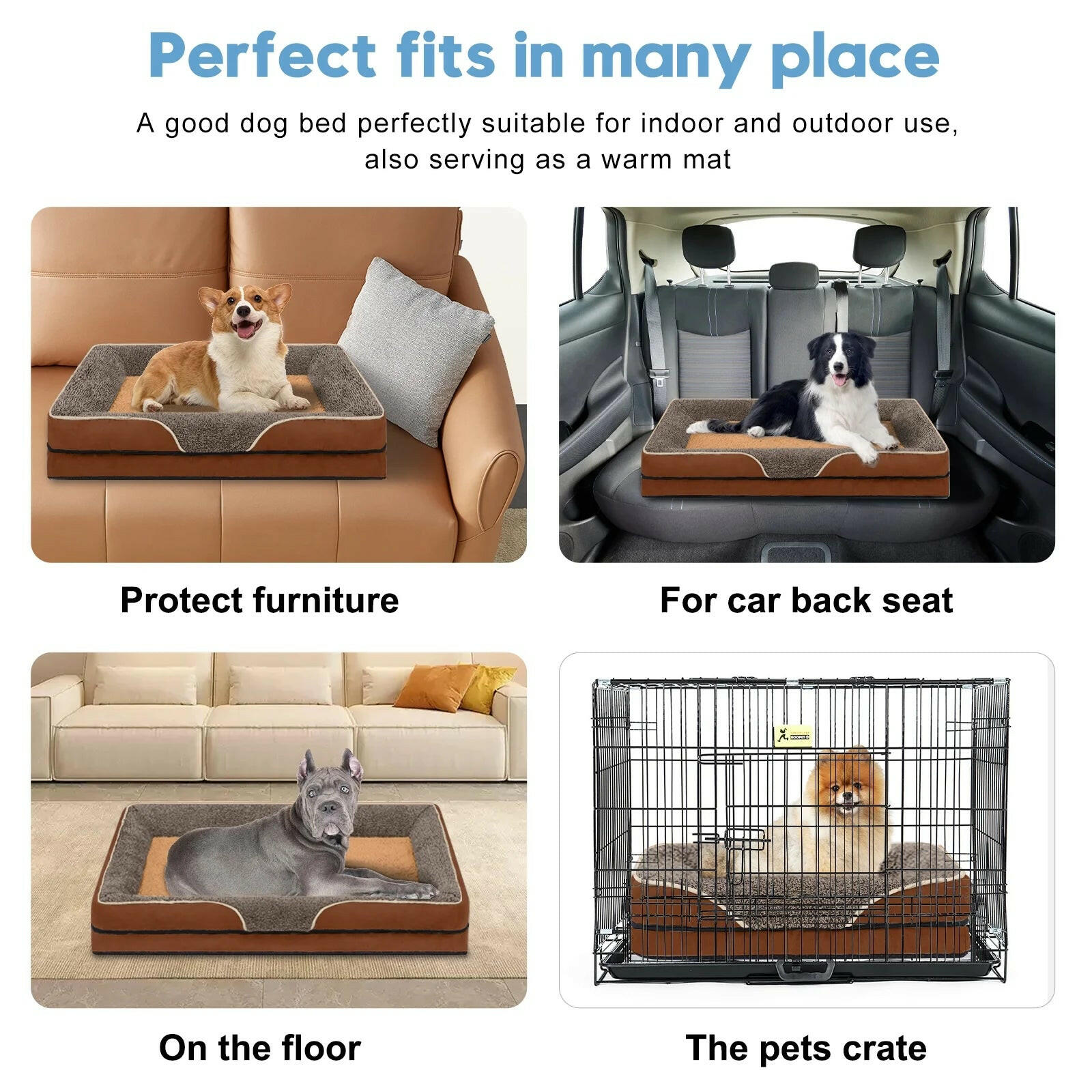 Memory foam pet bed for small dogs designed for indoor and outdoor use with versatile placement options
