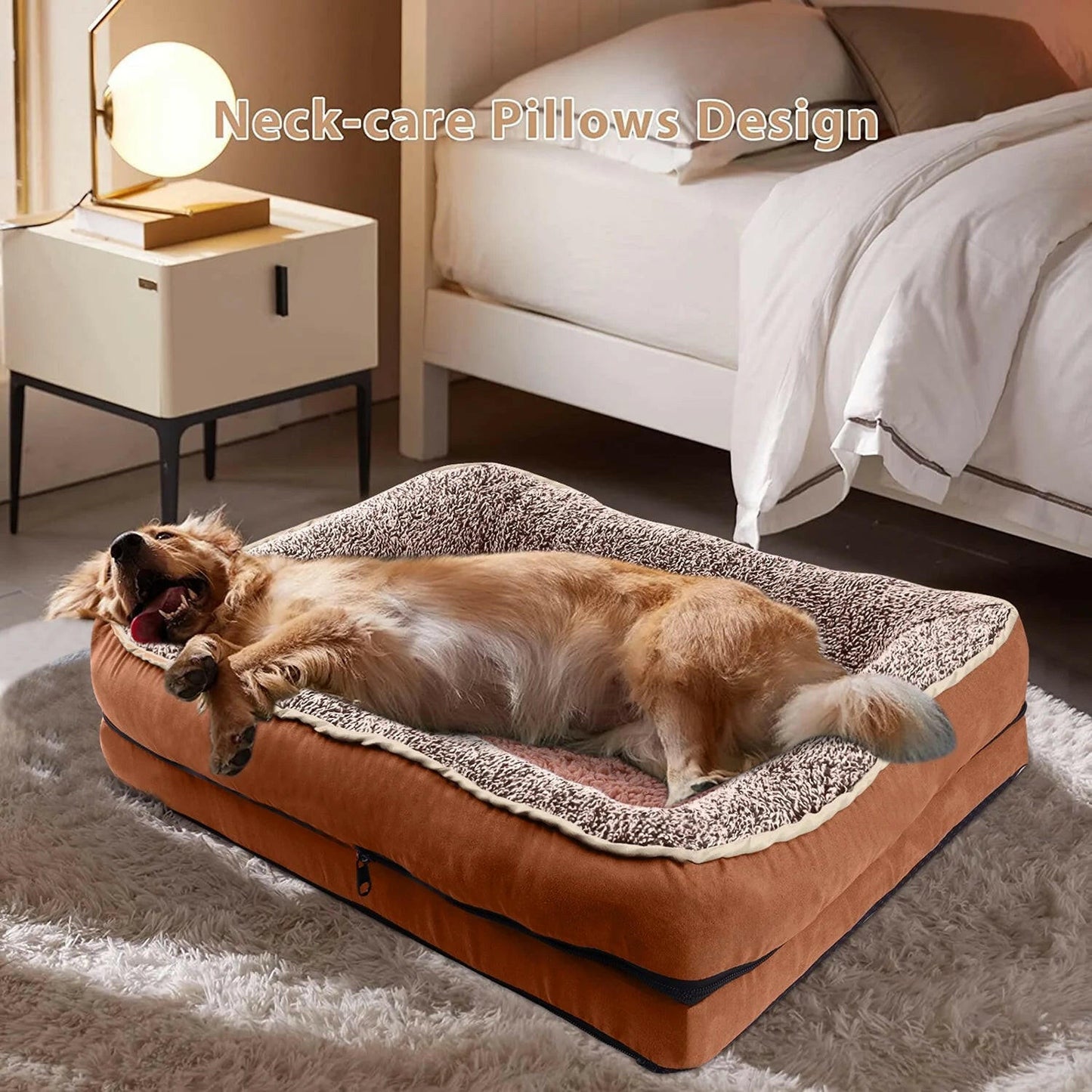 Cozy memory foam pet bed for small dogs with a soft, plush design and neck-care pillows
