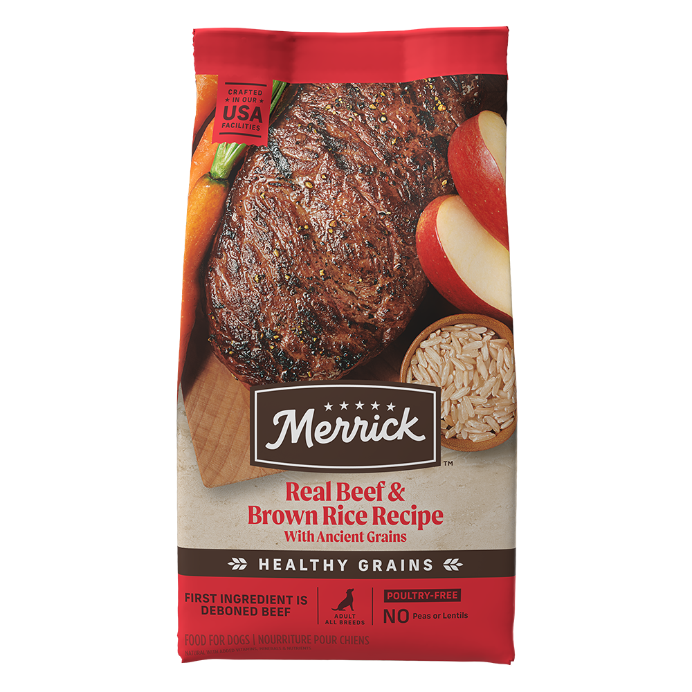 Merrick beef and brown rice dog food bag featuring real beef and ancient grains with vegetables and fruits