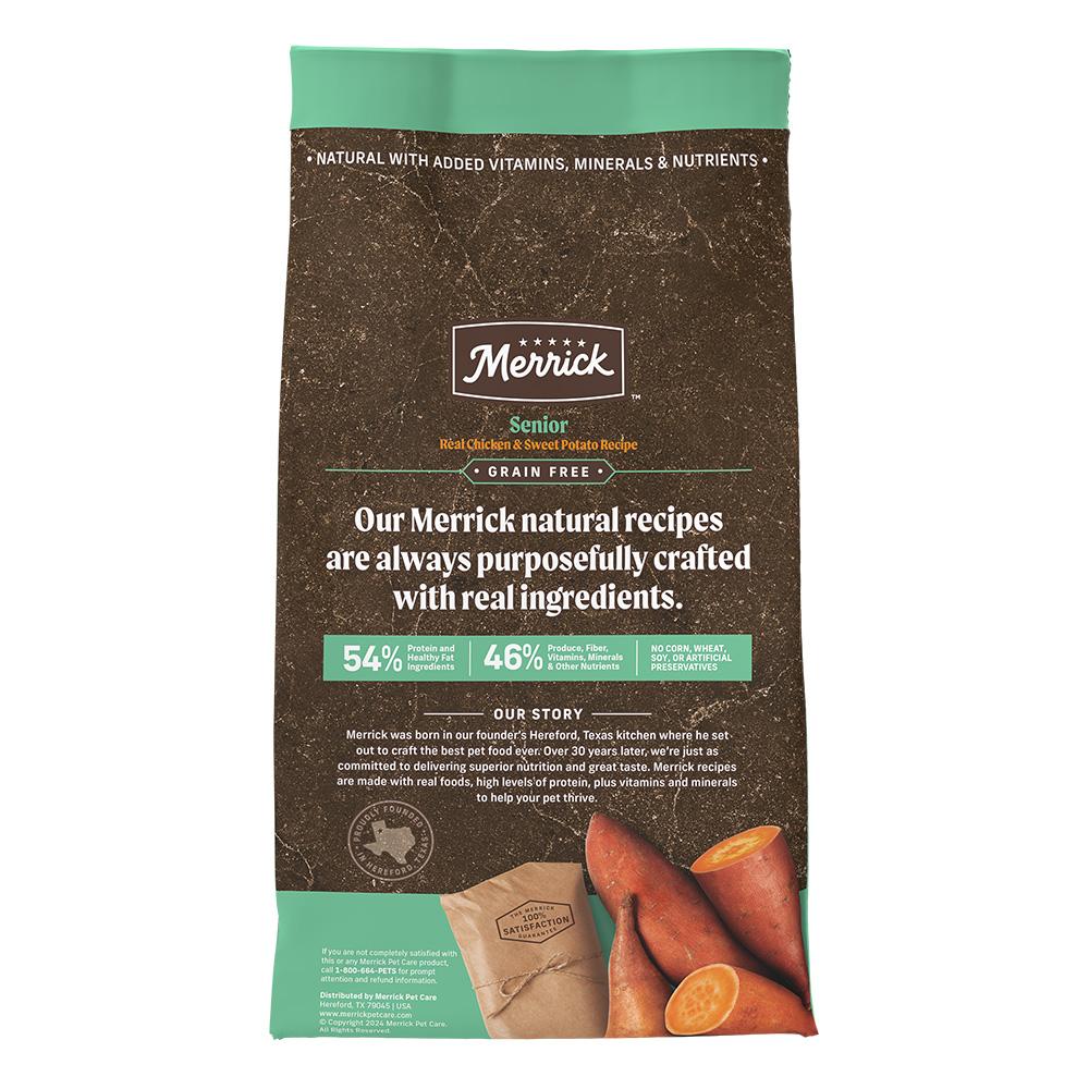 Merrick chicken and sweet potato dog food bag featuring senior formula with real ingredients