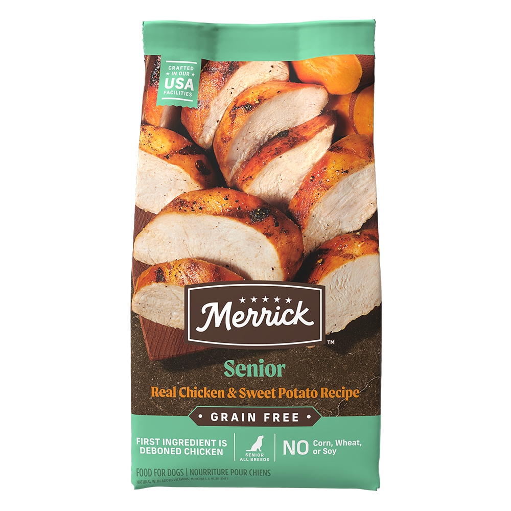 Merrick chicken and sweet potato dog food in a bag featuring real chicken slices and sweet potatoes