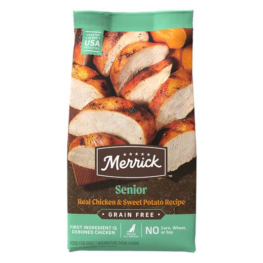 Merrick chicken and sweet potato dog food in a bag featuring real chicken slices and sweet potatoes