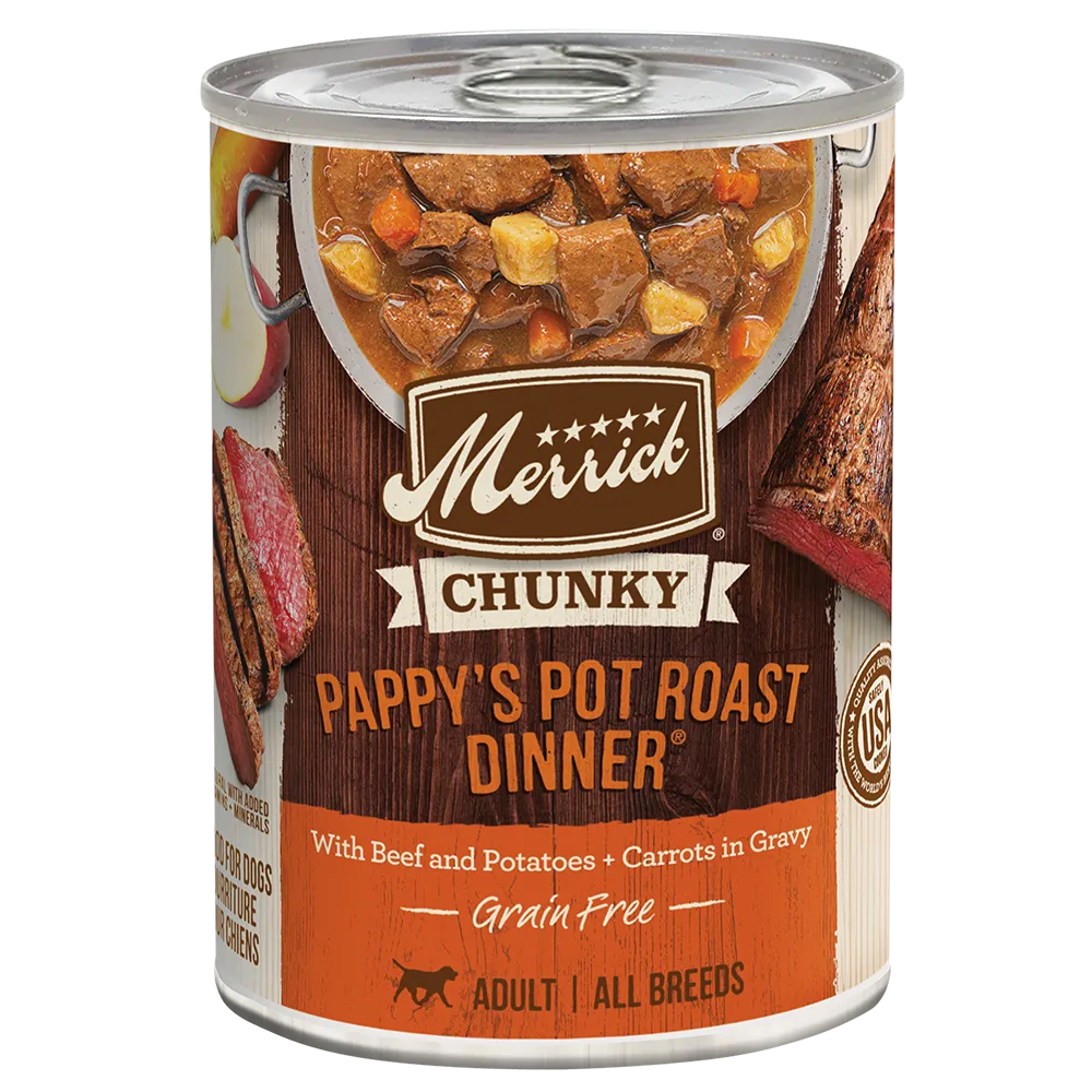 Merrick Chunky Grain-Free Pappy's Pot Roast Wet Dog Food 12.7oz by Purrfect Pet Kingdom, featuring a savory pot roast flav...