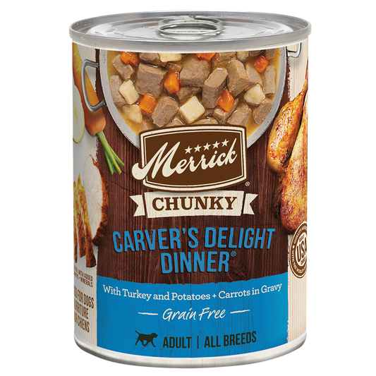 Merrick Chunky grain free wet dog food Carver's Delight Dinner with turkey, potatoes, and carrots in gravy