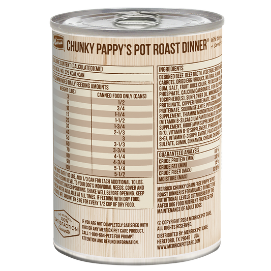 Merrick Chunky grain free wet dog food in a can with nutrition information and ingredients listed