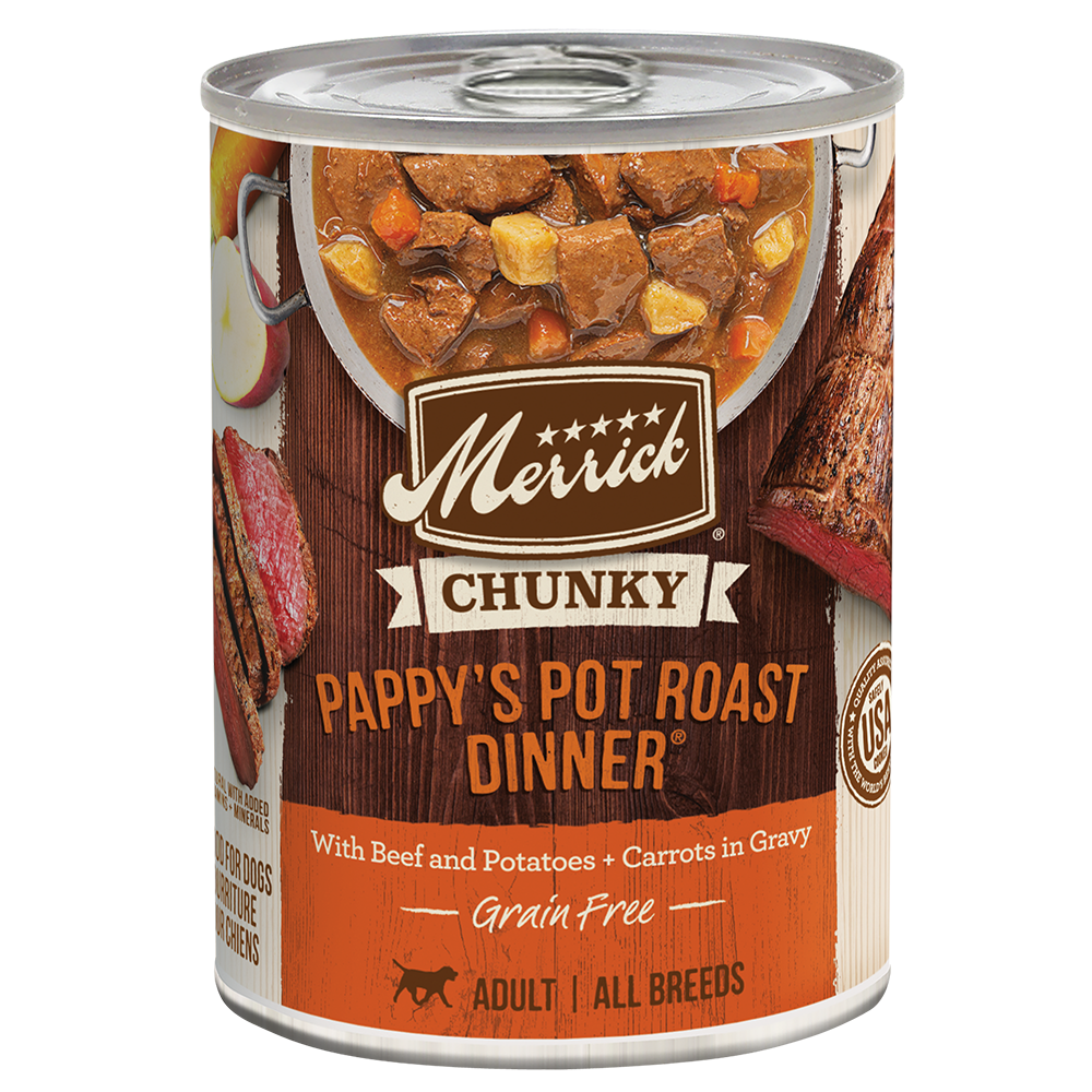 Merrick Chunky grain free wet dog food Pappy's Pot Roast Dinner with beef and potatoes in gravy