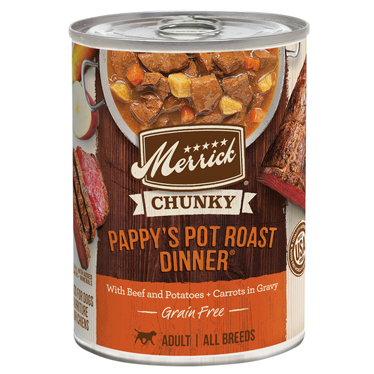 Merrick Chunky grain free wet dog food Pappy's Pot Roast Dinner with beef and potatoes in gravy
