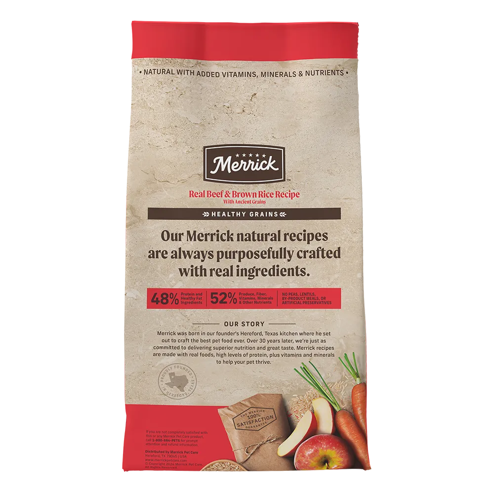 Merrick Classic Healthy Grains Beef and Brown Rice Dry Dog Food by The Family Pet, 25.0lb bag, featuring a colorful design.