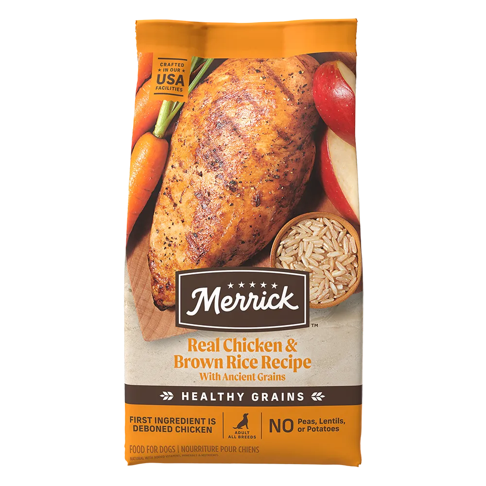 Merrick Classic Healthy Grains Chicken and Brown Rice Dry Dog Food by The Family Pet, 25.0lb bag, featuring a colorful des...