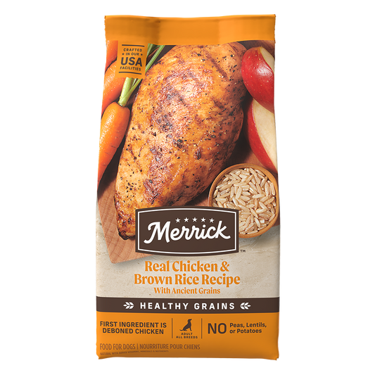 Merrick Classic Healthy Grains dog food bag featuring real chicken and brown rice recipe with ancient grains