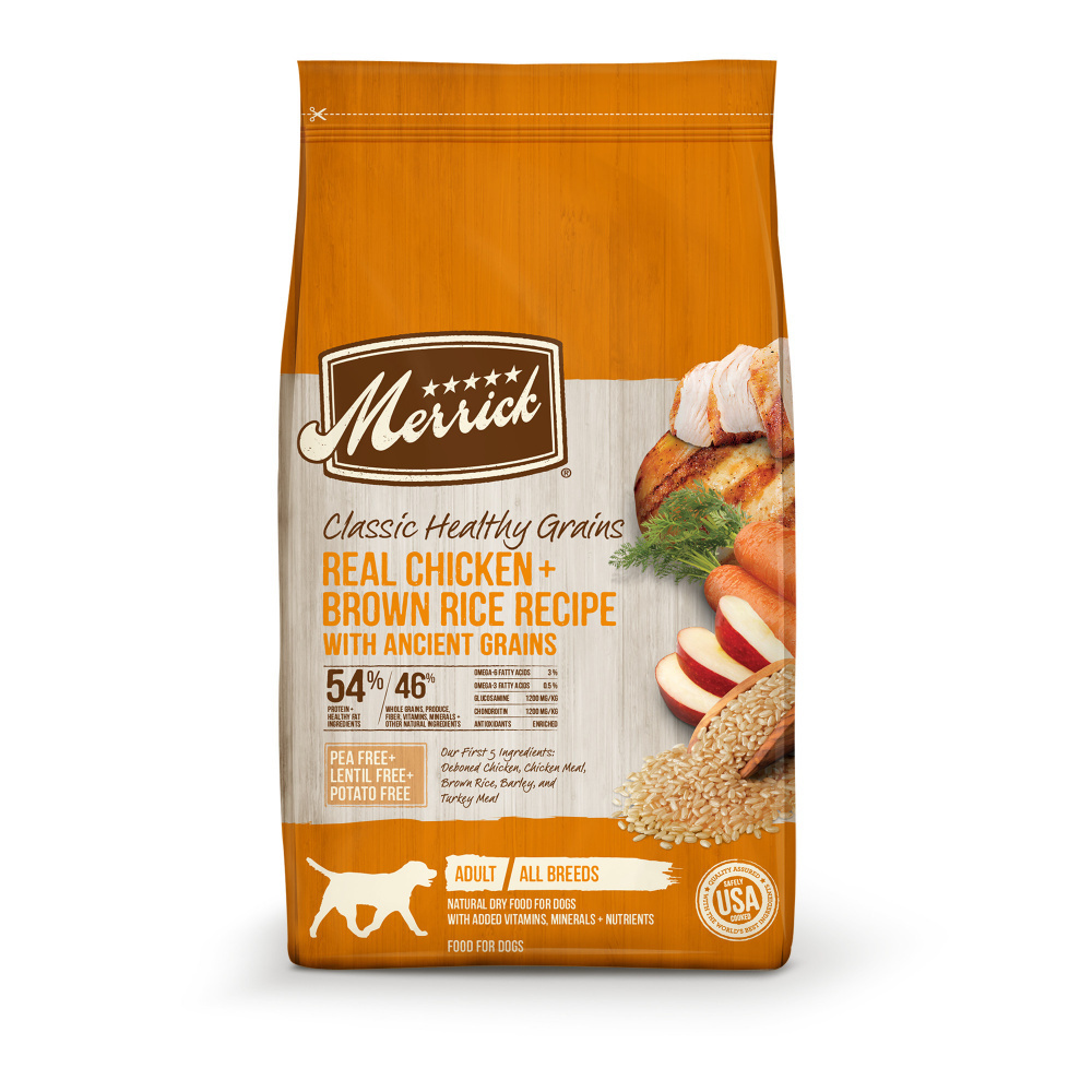 Merrick Classic Healthy Grains dog food featuring real chicken and brown rice recipe with ancient grains