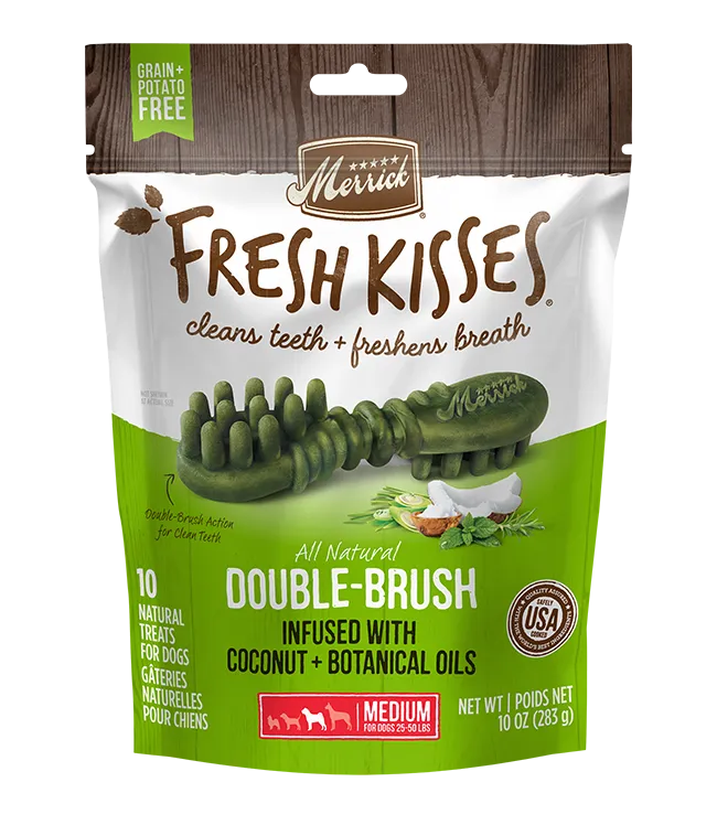 Merrick Fresh Kisses Coconut Dental Treats for medium dogs, 10oz, by The Family Pet, featuring a light brown color and pac...