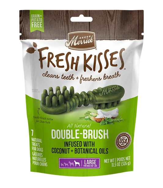 Merrick Fresh Kisses Coconut Dental Treats for Large Dogs by The Family Pet, 27oz, 16Ct, promoting dental health in dogs.