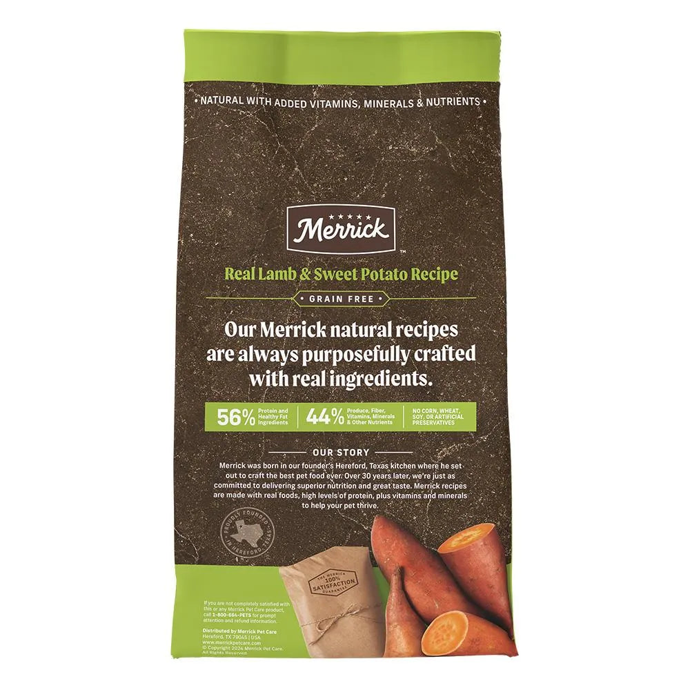 Merrick Grain Free Adult Lamb and Sweet Potato Dog Dry Food 4lb by Purrfect Pet Kingdom, featuring a brown bag design.