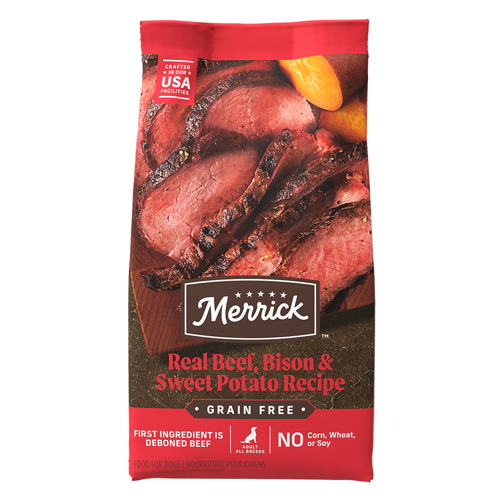 Merrick grain free beef and bison dog food with real beef and sweet potato recipe in a bag.