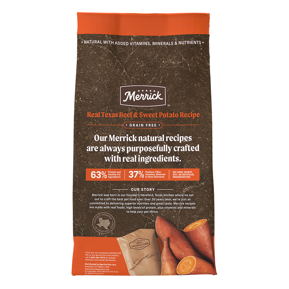 Merrick Grain Free Beef Dog Food with real Texas beef and sweet potatoes, nutrition-focused recipe.