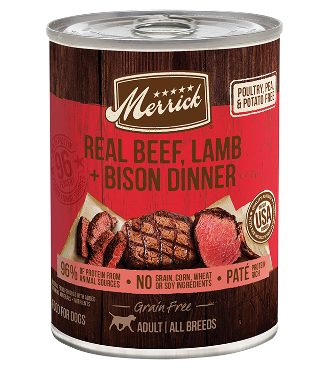 Merrick Grain Free Beef Lamb Bison Dog Food in a can with real meat ingredients for all dog breeds
