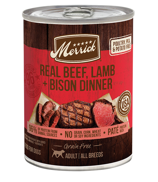 Merrick Grain Free Beef Lamb Bison Dog Food in a can with real meat ingredients for all dog breeds