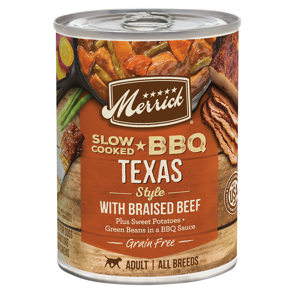Merrick grain free beef wet dog food in a can featuring Texas BBQ style with braised beef and vegetables