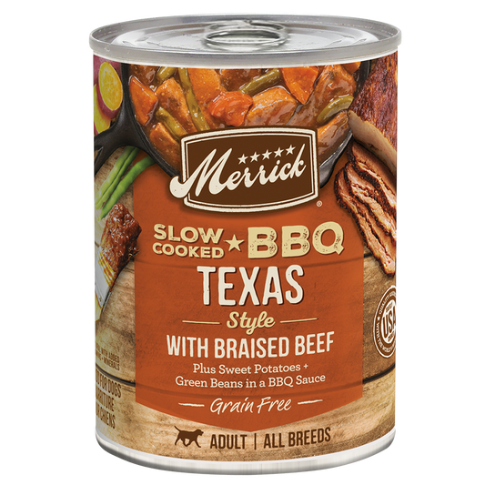 Merrick grain free beef wet dog food in a can featuring Texas BBQ style with braised beef and vegetables